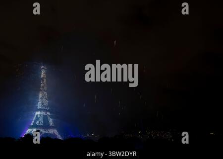 Paris, France - 07 14 2025: The Eiffel Tower after July 14 fireworks fired from Trocadero Stock Photo