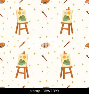 endless pattern with easel, palette, brushes and stars in pastel colors for printing, websites, textiles Stock Vector