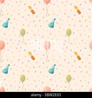 delicate seamless pattern for packaging with balloons, party hat and birthday candle Stock Vector