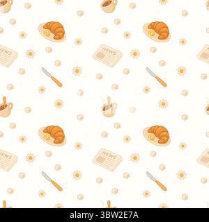 seamless tile pattern with coffee croissant newspaper sugar english breakfast pastel Stock Vector