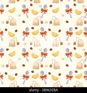 seamless pattern for website menu with teaspoon, sugar, lemon and tea bag Stock Vector