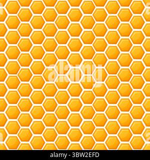 Honeycomb seamless pattern of golden hexagonal cells filled with sweet honey on bright background Stock Vector