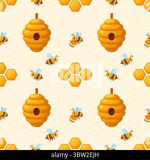 Seamless bee and honeycomb pattern with hanging hives on pale hex background Stock Vector