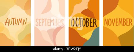 Autumn season abstract month posters with September October November lettering on warm wavy backgrounds Stock Vector