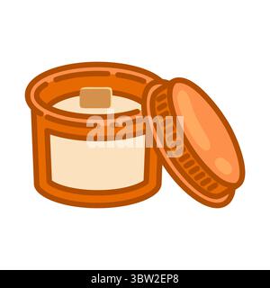 Scented Candle in Glass Jar. Cartoon flat style illustration of orange candle container with lid and wooden wick on white background. Stock Vector