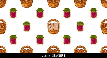Forest Harvest Jam Pattern Design. Seamless cartoon-style pattern with mushroom baskets and berry jars in warm natural tones on white background. Stock Vector
