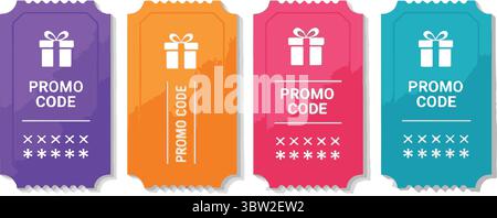 Colorful Promo Code Tickets with Gift Box on White Background Stock Vector