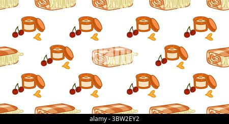 Cozy Blanket Candle Pattern Design. Seamless cartoon illustration with folded blankets, scented candles, cherries and petals in soft warm palette on l Stock Vector