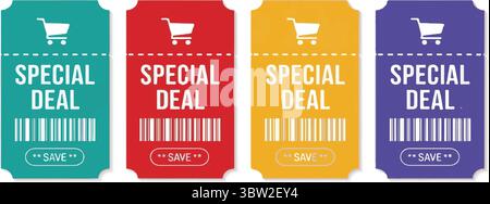 Four colorful discount coupons with text SPECIAL DEAL Stock Vector