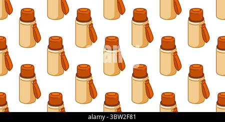 Camping Thermos Bottle Pattern. Seamless flat cartoon thermos design with warm travel mood, perfect for outdoor and hiking themed visuals. Stock Vector