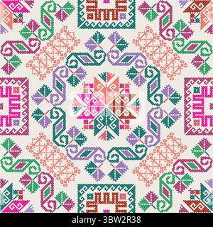 Seamless vector pattern with traditional Mexican Teenek Huastek embroidery symbols Stock Vector