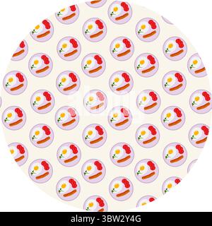 Fried egg Tomato slices Greens and Grilled Sausage on Plate Seamless Pattern on Circle Background. Isolated Vector illustration Food Day or Egg Day Backdrop Thematic Menu, leaflets, social media posts Stock Vector