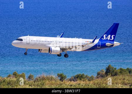 Rhodes, Greece - June 1, 2025: SAS Scandinavian Airlines Airbus A320neo airplane at Rhodes airport in Greece. Stock Photo