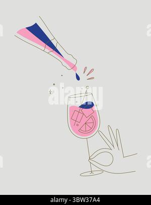 Hand holding glass of aperol spritz cocktail and bottle drawing in flat line style on beige background Stock Vector