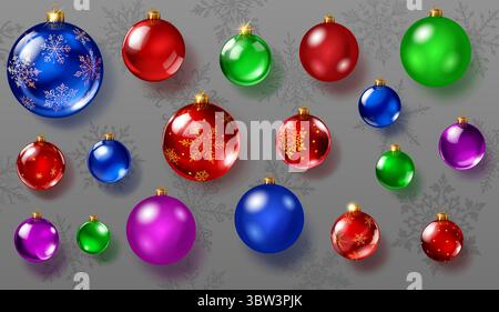 Set of glossy and matte Christmas ornaments in various colors, smooth and decorated with intricate patterns. The balls have soft shadows and are set a Stock Vector