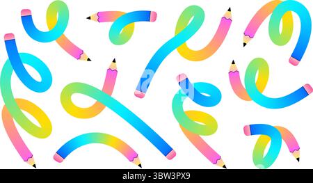 Set of colorful, flexible pencils bent into various abstract shapes on a white background. Stock Vector