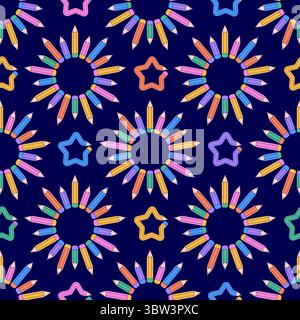 Seamless pattern of colorful pencils arranged in circular flowers and stars on a dark background. Stock Vector