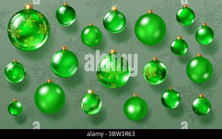 Set of glossy and matte Christmas ornaments in green colors, smooth and decorated with intricate patterns. The balls have soft shadows and are set aga Stock Vector