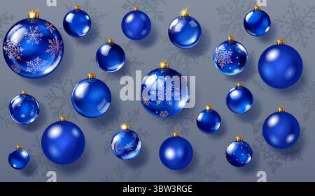 Set of glossy and matte Christmas ornaments in blue colors, smooth and decorated with intricate patterns. The balls have soft shadows and are set agai Stock Vector