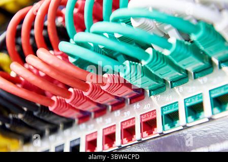 Network cables with connectors on the switch Stock Photo