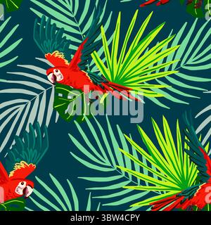 Seamless tropical pattern with flying parrots and jungle leaves on a dark background. Bright and exotic design for summer fabric, wallpapers, and Stock Vector
