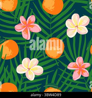 Seamless pattern with tropical fruits and flowers on a dark background. Juicy oranges, palm leaves and colorful blossoms for summer fabric and Stock Vector
