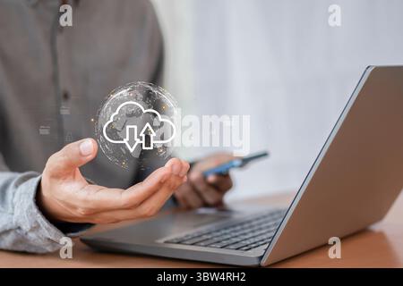 cloud computing shown in hand cloud technology data storage, data transfer, network and internet service concept Stock Photo