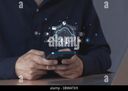 cloud computing shown in hand cloud technology data storage, data transfer, network and internet service concept Stock Photo