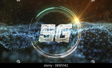 5G communication HUD with abstract blue network data transferring motion background. Technology and Futuristic concept. High speed internet broadcast Stock Photo