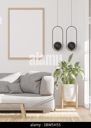 Loft style Living room and white wall, tree, mock up frame - 3d rendering - Stock Photo