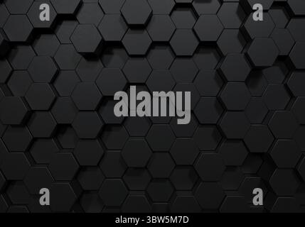 Black hexagon honeycomb shapes matte surface moving up down randomly. Abstract modern design background concept. 3D illustration rendering graphic des Stock Photo