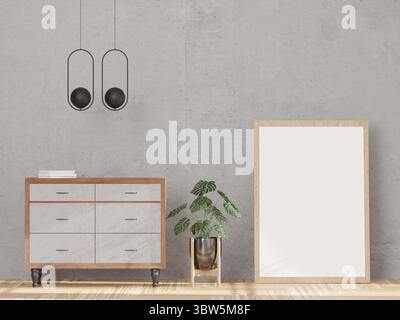 Loft style Living room and concrete wall, concrete sideboard mock up frame - 3d rendering - Stock Photo