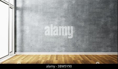 Empty concrete room with sunlight shining windows on wooden floor. Architecture and interior concept. 3D illustration rendering Stock Photo