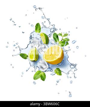 Water Splash With Mint Leaves, Ice Cubes And Slices Of Lime and lemon Stock Photo
