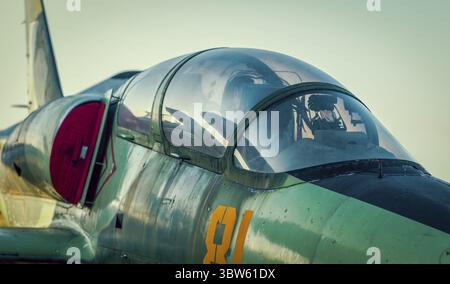 Cockpit of an old russian army fighter military aircraft closeup ...
