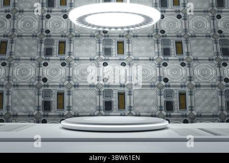 High-tech white product podium platform studio in spaceship with electric password safe box and engine background. Hi-tech stage and Future science te Stock Photo
