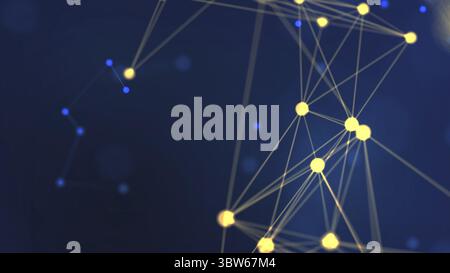 3D rendering abstract yellow geometry flying wireframe network and connecting dot space on blue background. Security futuristic computer and science c Stock Photo