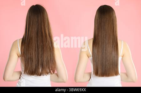 Hair combing, straightening. Woman showing hairstyle before and after different procedures on pink background, back view. Collage of photos Stock Photo