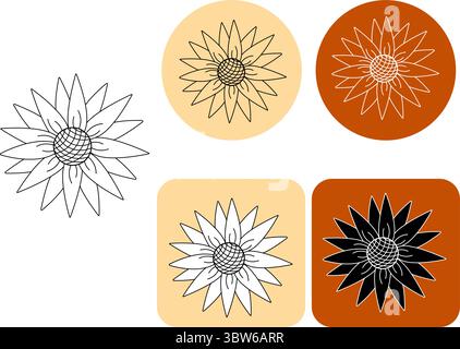 sunflower silhouette logotype. Vector graphic line illustration. Banner, poster, wrapping paper, sticker, print, modern textile design. For logo, web, Stock Vector
