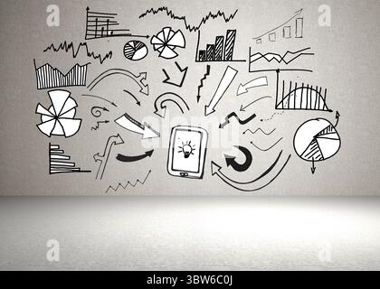 Marker drawn tablet featuring light bulb icon is being shown on textured wall with charts, arrows Stock Photo