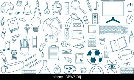 Schoolboy, student, pupil stationery set doodle sketch style. Hand drawn collection for study, including computer, globe, books, backpack, ball Stock Vector