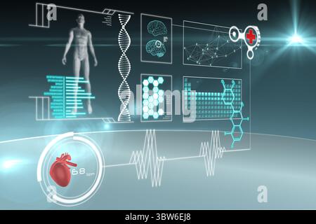Floating 3D holographic medical panel is displaying anatomy, DNA helix, ECG heart icon, red cross Stock Photo