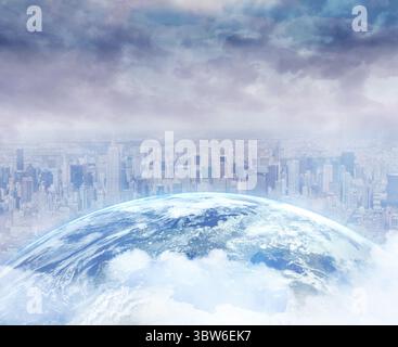 3D render is showing Earth globe hovering above misty city skyline under dramatic cloud-filled sky Stock Photo