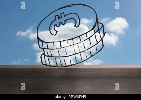 Showing hand-drawn three-coin stack bearing B symbol hovering above concrete platform in cloudy sky Stock Photo