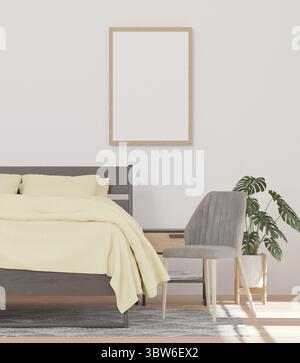Minimal bedroom and white wall, mock up frame and copy space- 3d rendering - Stock Photo