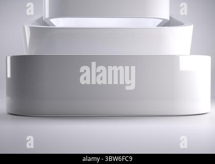Stacked white geometric forms are appearing in 3D render studio scene with smooth gray background Stock Photo