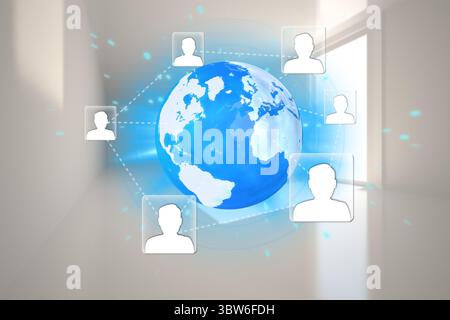 Showing glowing blue Earth hologram floating in corridor in flat design while connecting user icons Stock Photo