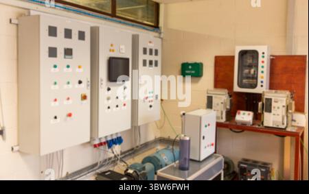 Illustration is showing flat design utility room with three gray cabinets, lights, cables and pump Stock Photo