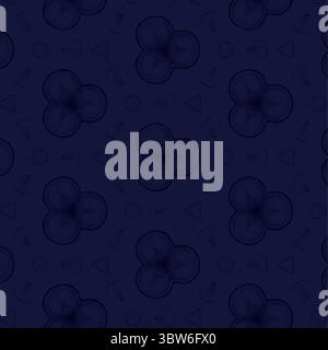 Flat seamless dark blue pattern is featuring tri-lobed motifs with circles triangles keyhole shapes Stock Photo