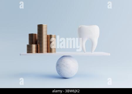 Dental tooth and golden coin on balancing scale on blue background. Health care and financial concept. Money-saving and cash flow theme. 3D illustrati Stock Photo